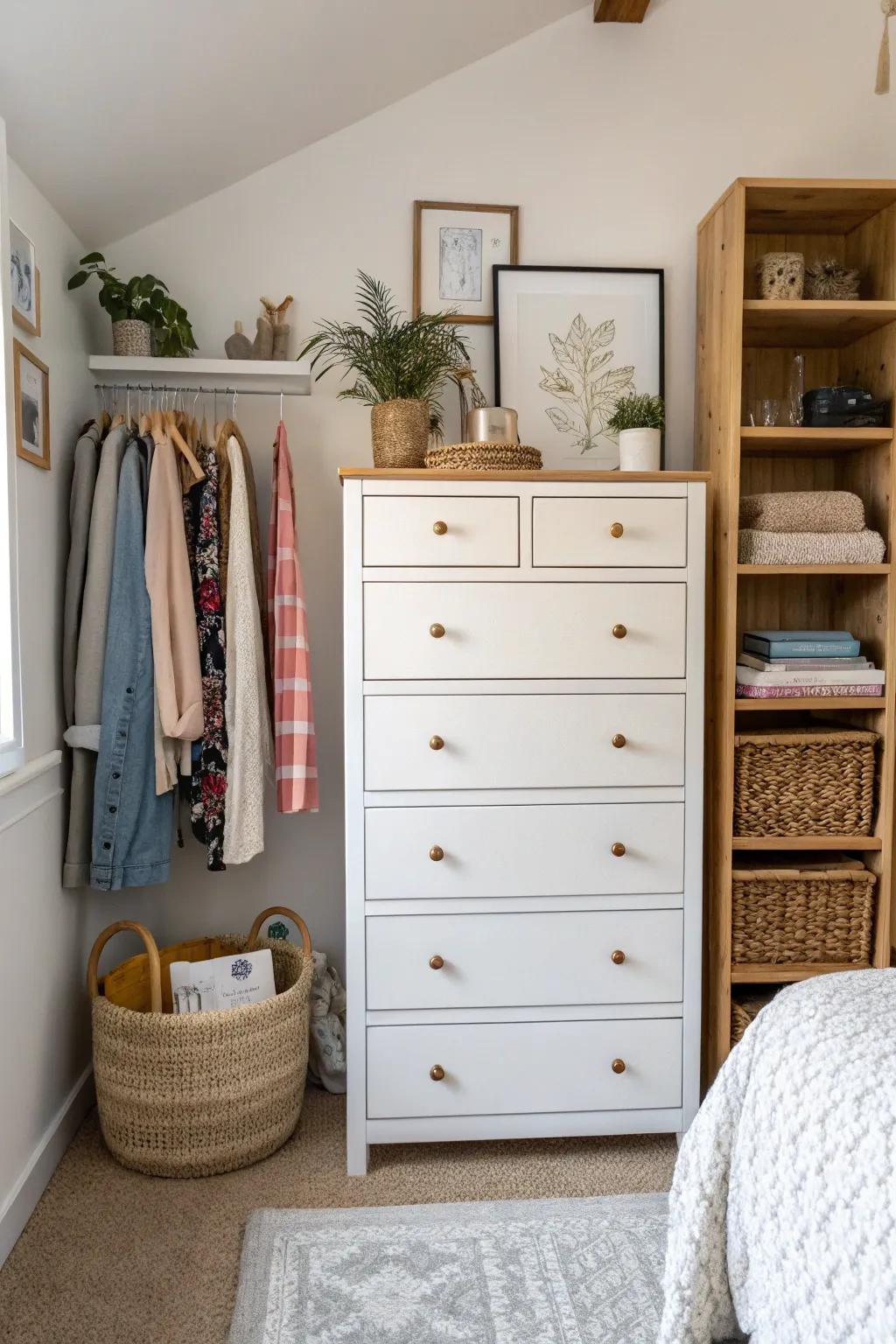 A tall, slender dresser effectively leveraging vertical space in a small bedroom.