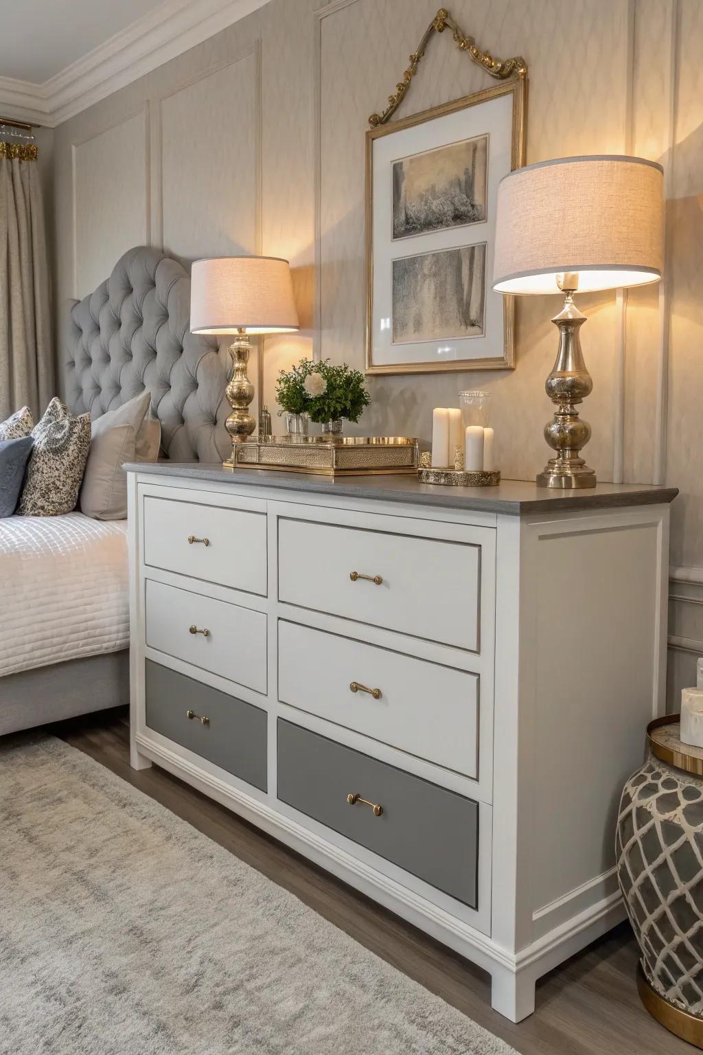 Elevate your area with a striking dual-tone dresser transformation – where modern meets minimalist elegance.