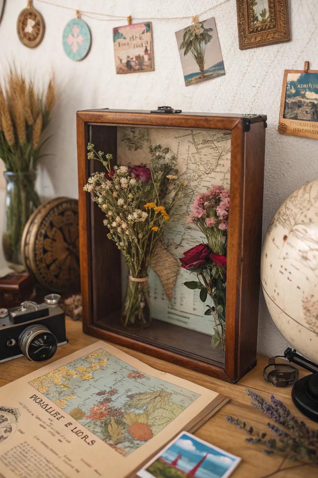 Relive your adventures with a travel-themed dried flower memory box.