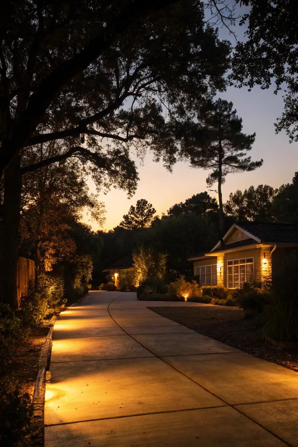 Ambient lighting casting a welcoming glow over the driveway.