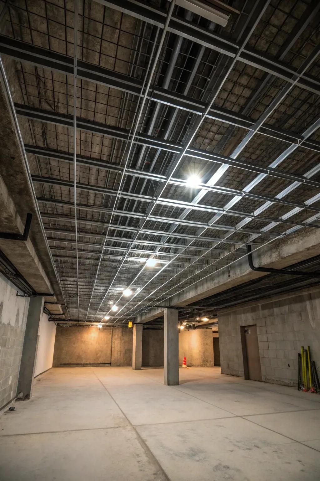 Industrial chic using metallic grid ceiling patterns.
