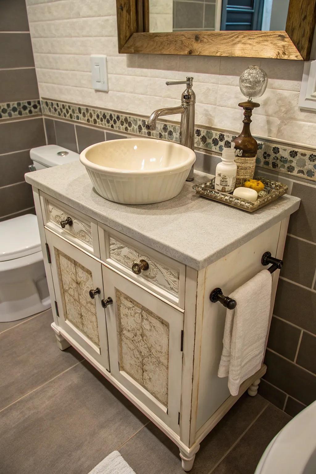 An antique utility basin reimagined into a distinctive restroom space saver.