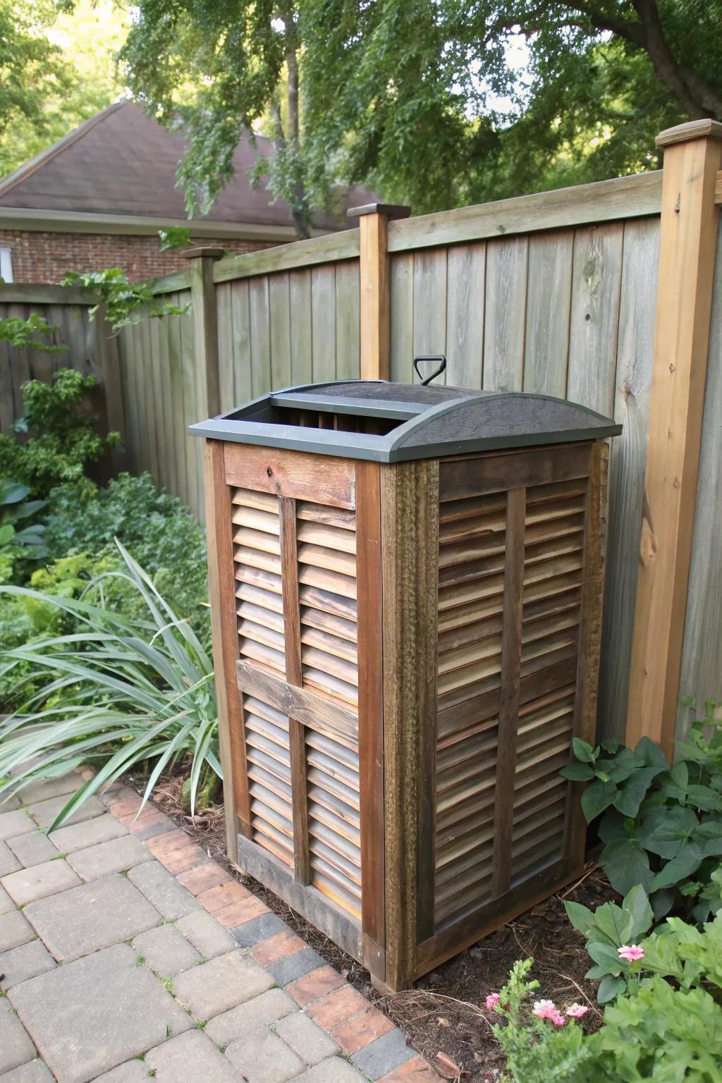 Repurposed louvre panels deliver a unique and eco-friendly bin covering.