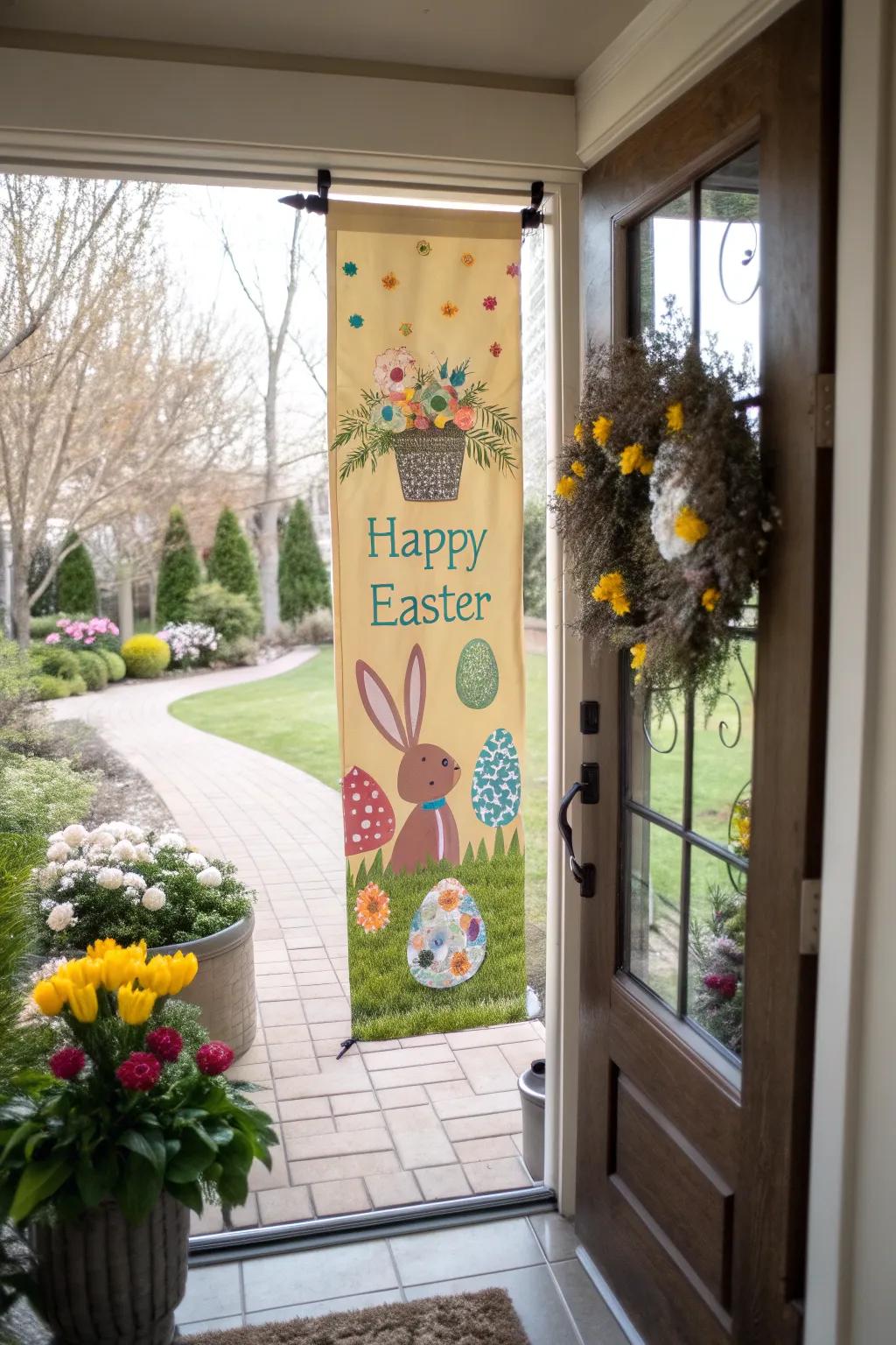 A handcrafted canvas banner presents a personalized Easter reception.