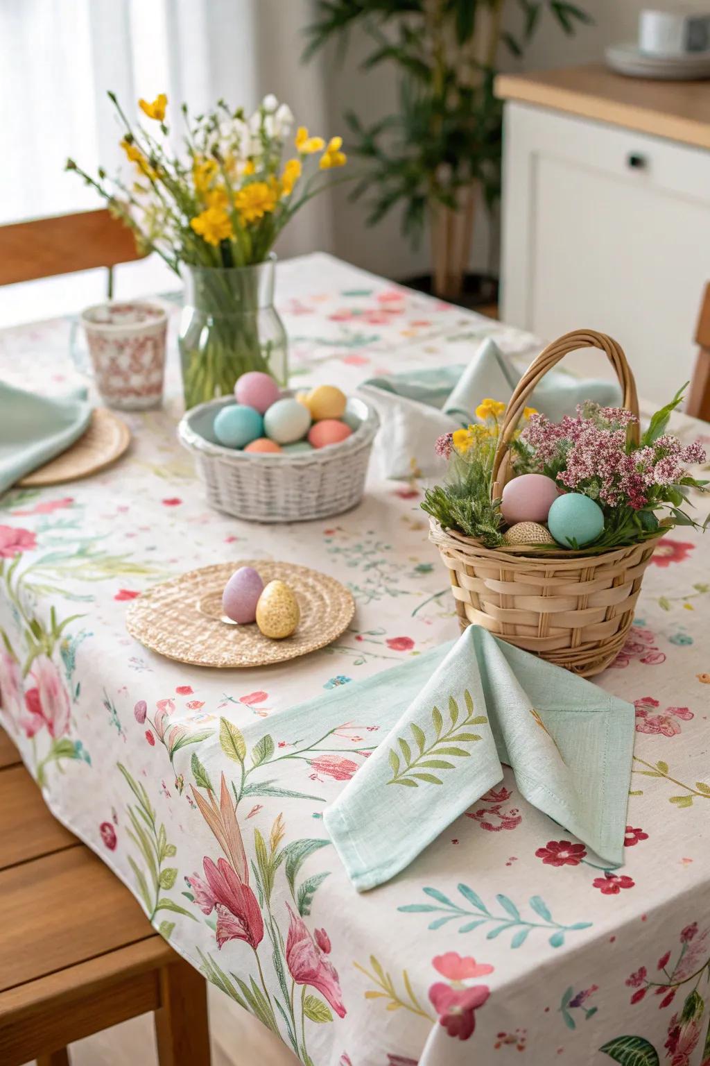 Thematic table linens enhance the festive feel of the Easter celebration.