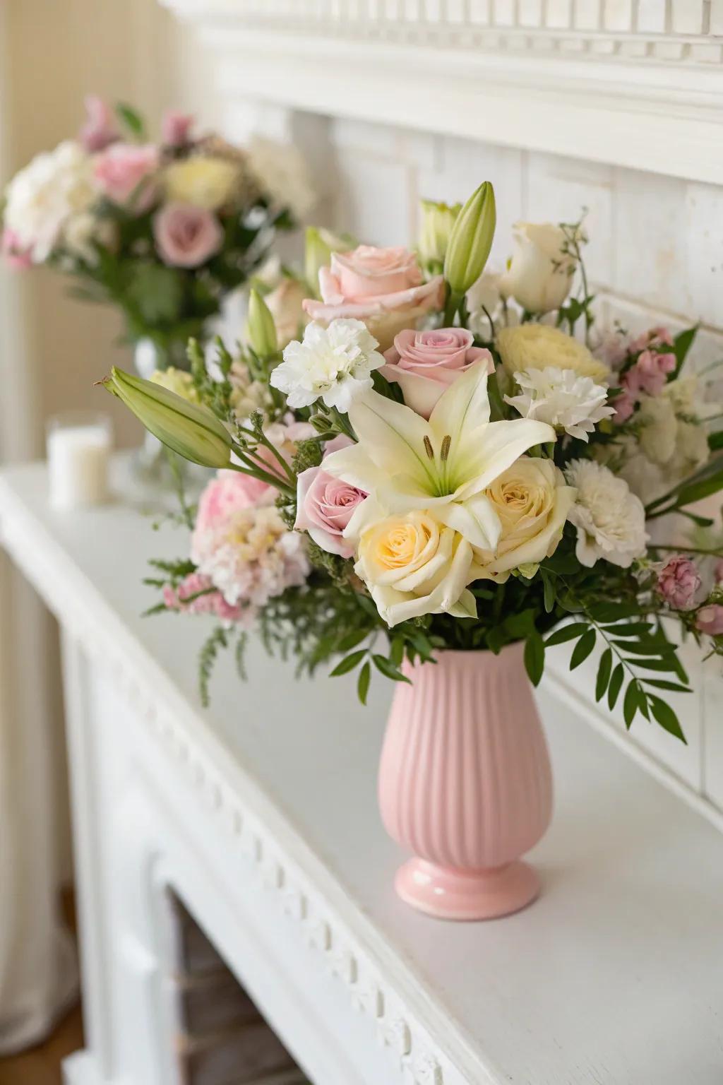 Delicate hues fashion a calming and graceful floral arrangement.