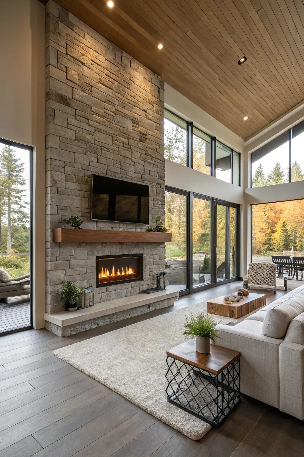 An open-concept area where the fireplace acts as a unifying element.