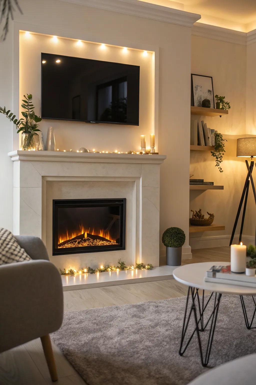 Accent lighting highlights the features of an electric fireplace.
