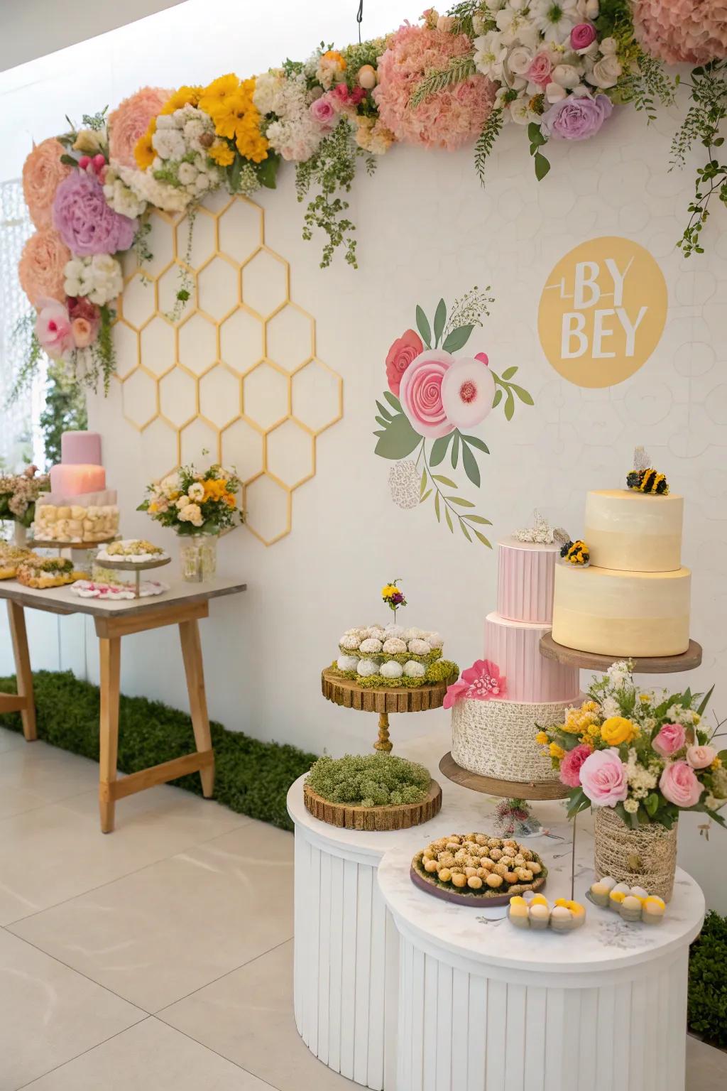 Nature-inspired decor featuring floral and bee elements.