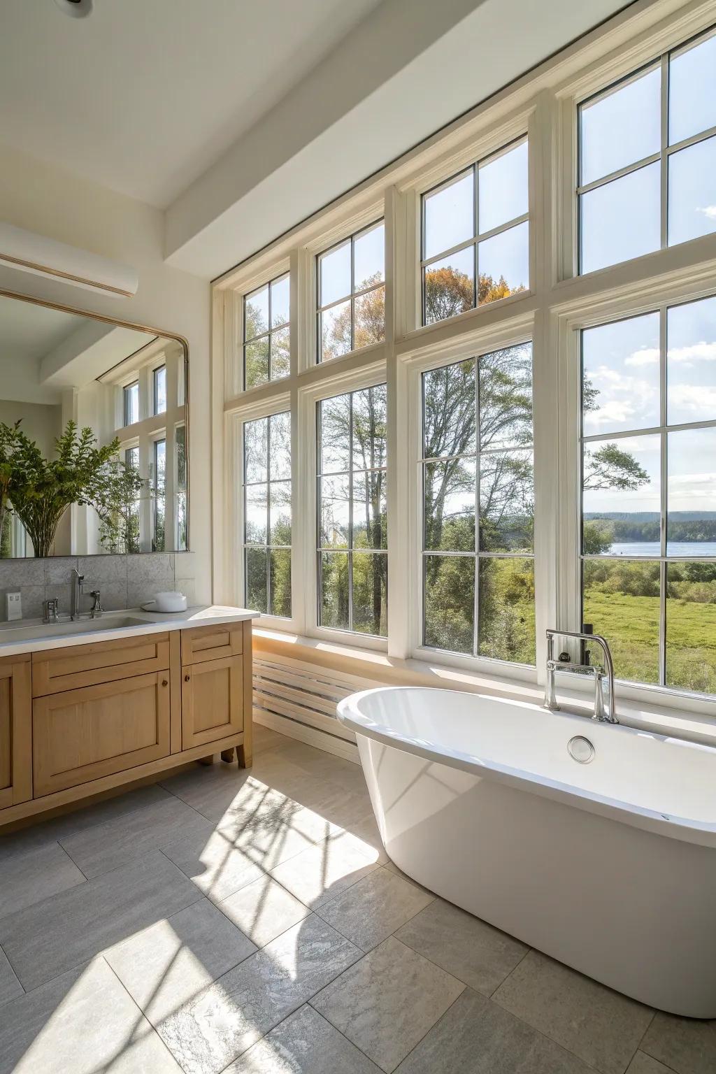 Natural illumination floods this elegant bathroom, highlighting its features.