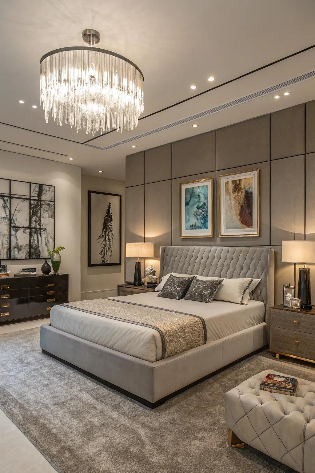 A modern luxury bedroom featuring carefully chosen decorative art pieces.