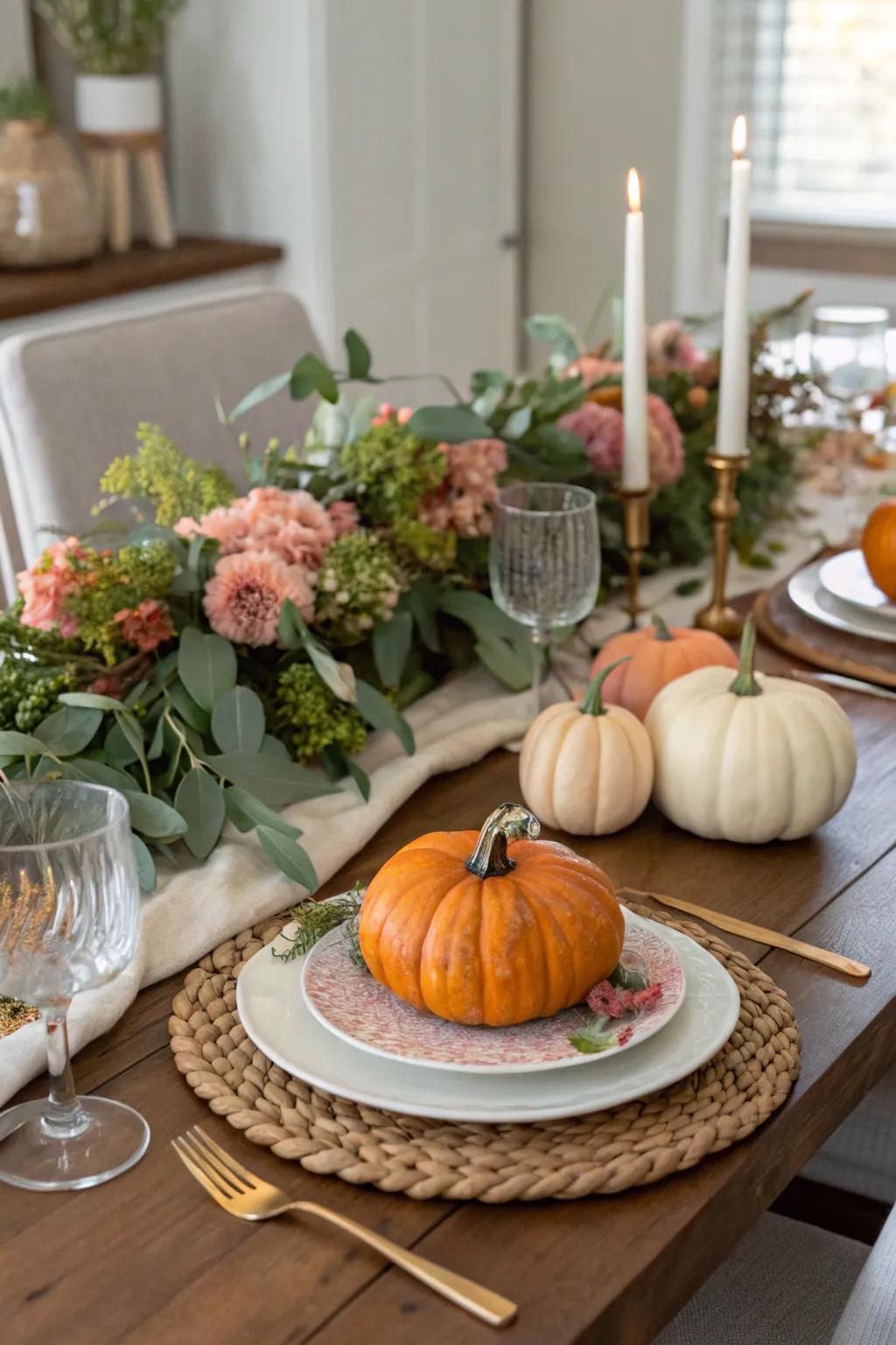 Seasonal decor keeps the table setting fresh and timely.