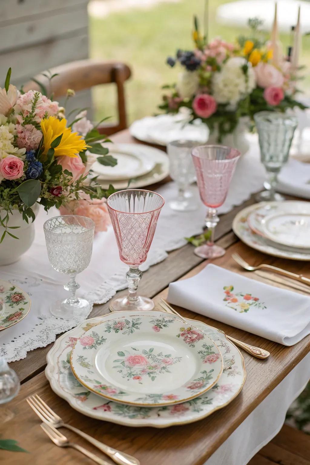 Mix-and-match old tableware creates a charming and mixed feel.