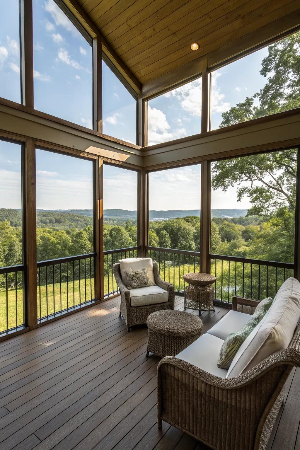 Maintaining a connection to nature through expansive window designs in a covered deck.