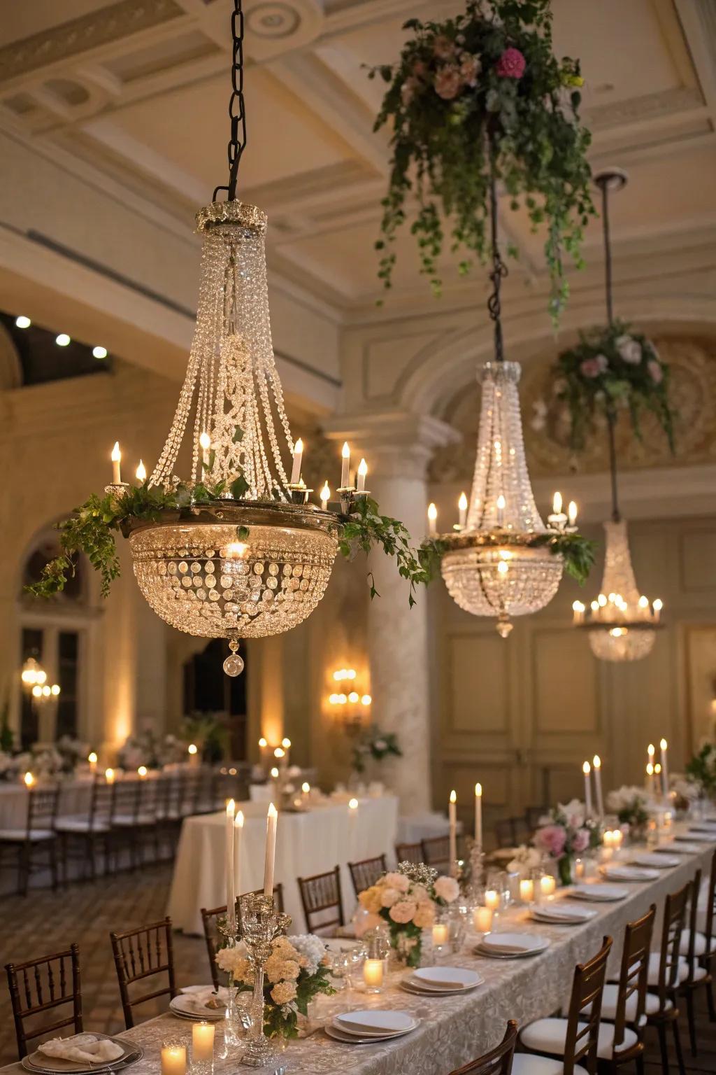 Vintage chandeliers adding a sense of elegance to the celebratory atmosphere.