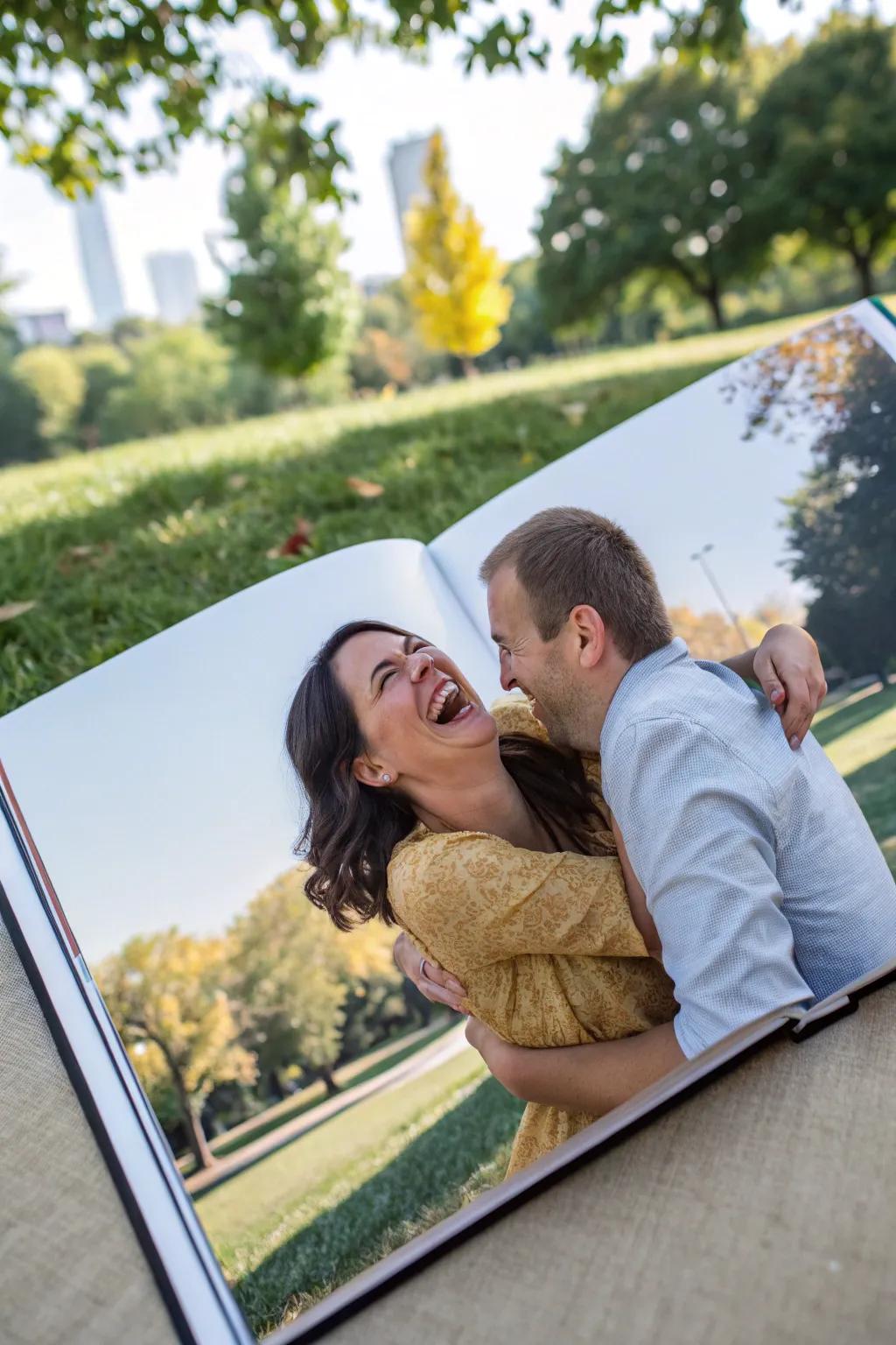 A playful pose captured in an engagement memory album.