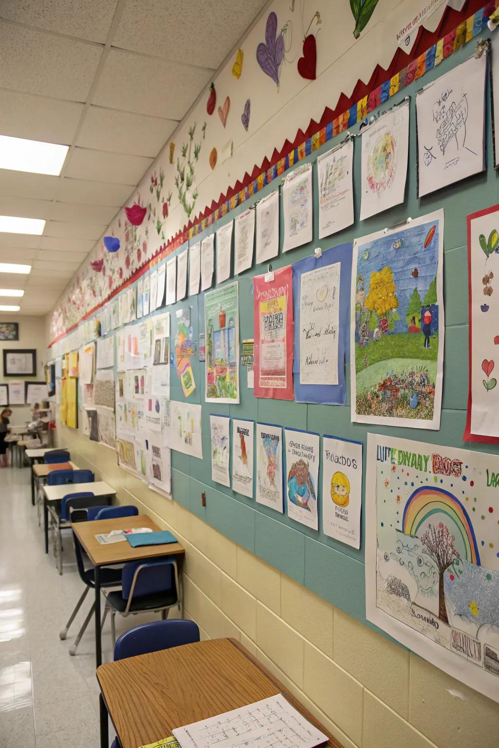 Student work proudly displayed, adding personality to the classroom