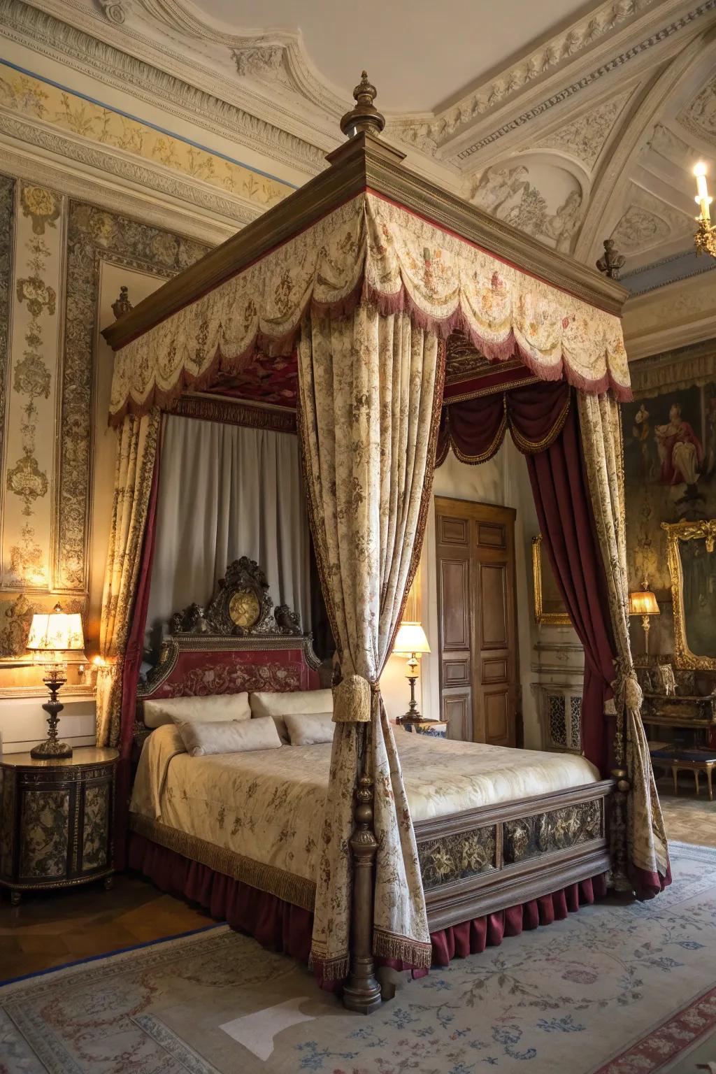 Canopy beds add drama and historical flair.