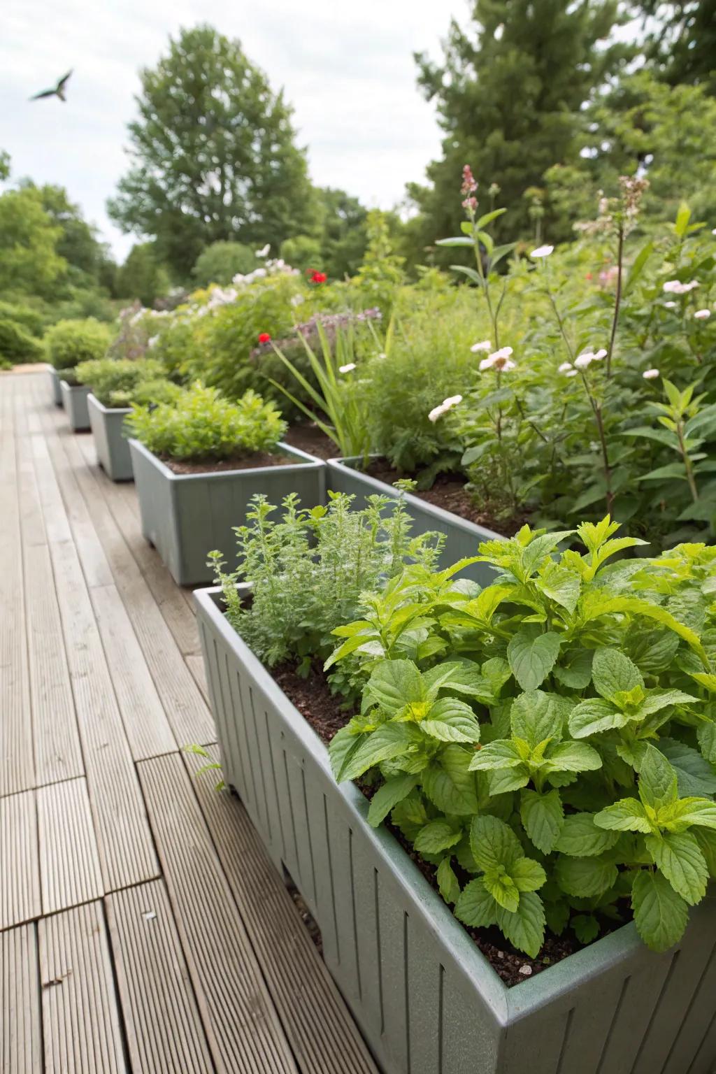 Herb-filled containers add fragrance and utility to the garden.