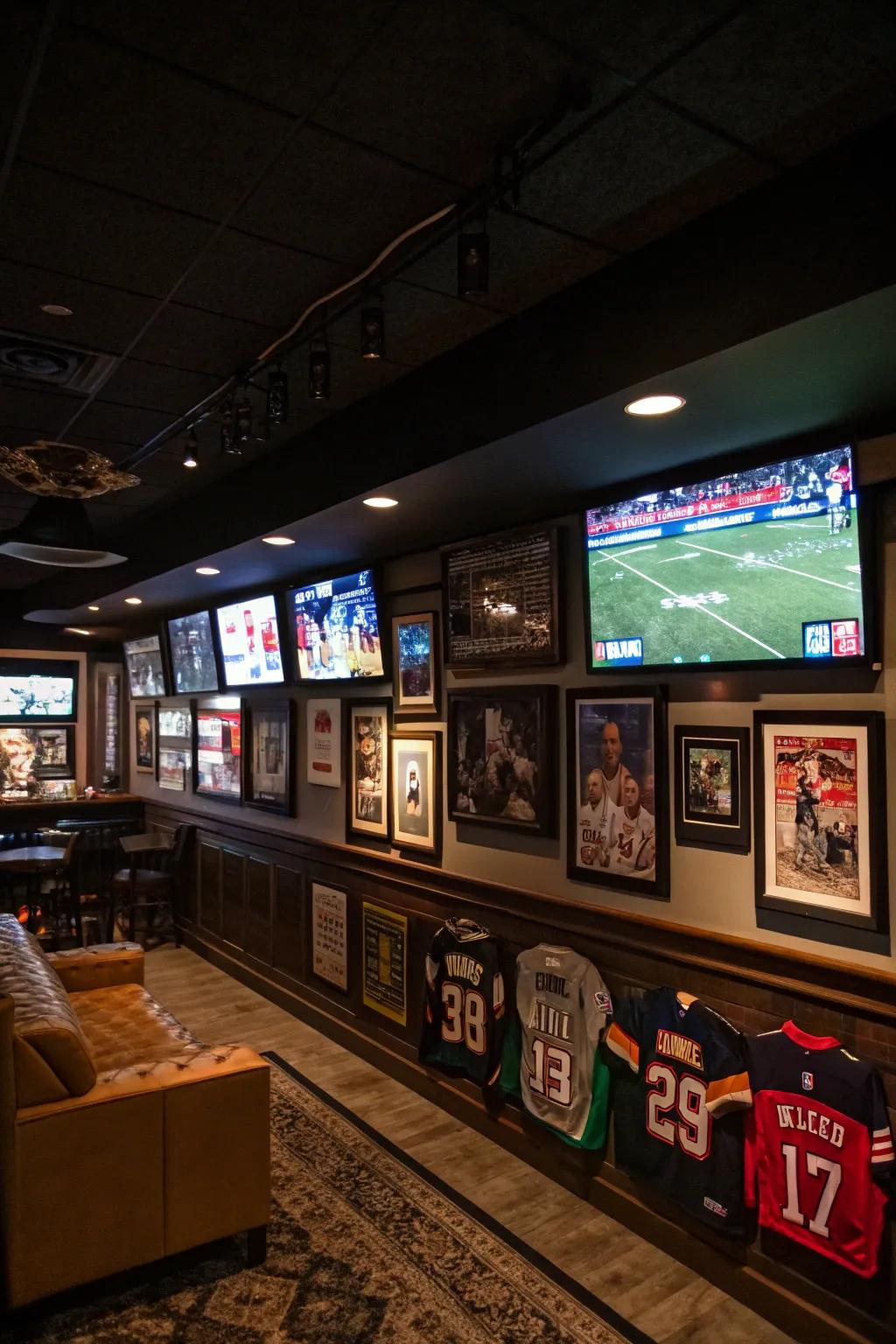Cheer for your team in style with a basement sports lounge.