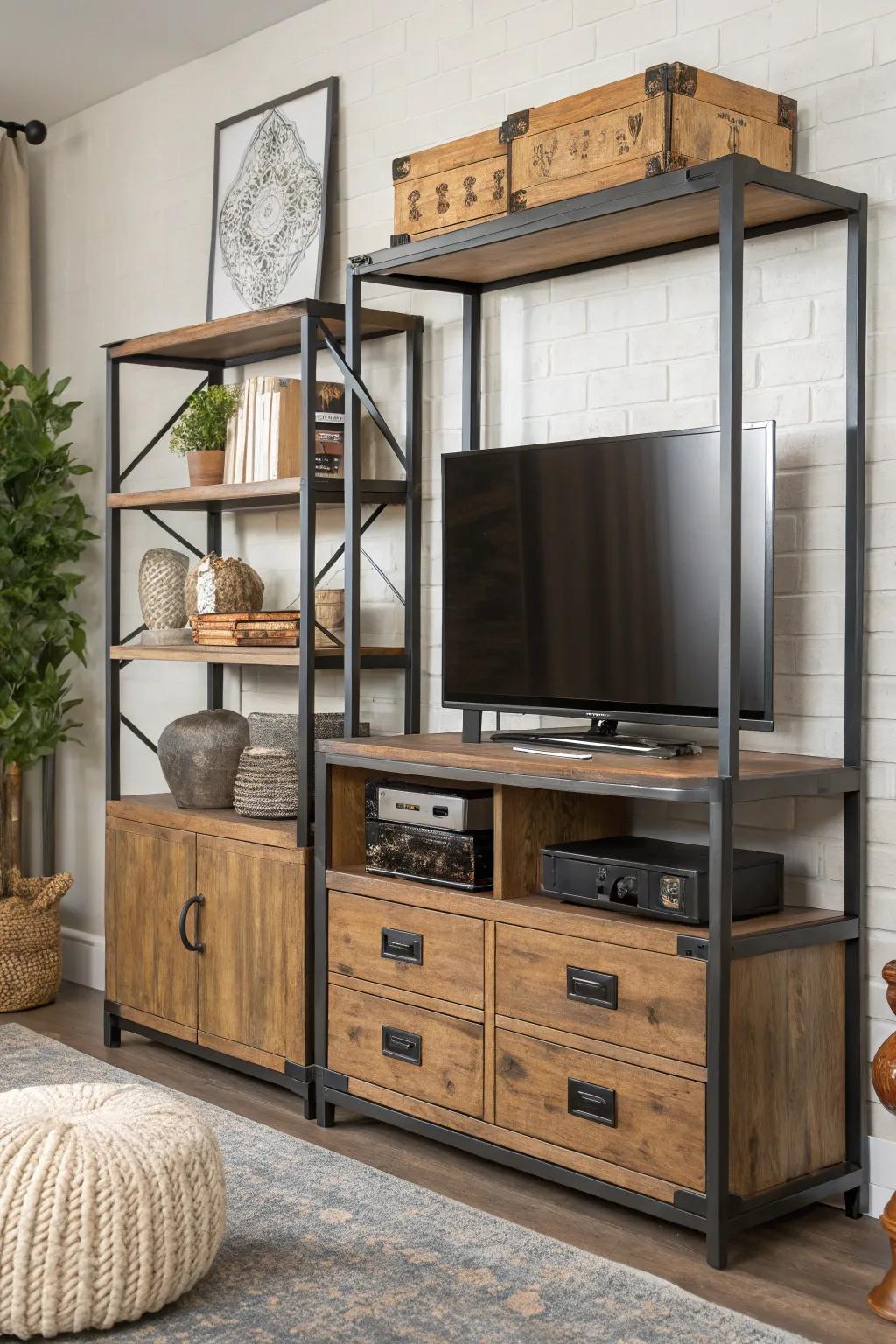 Numerous textures develop density within the entertainment station setup.