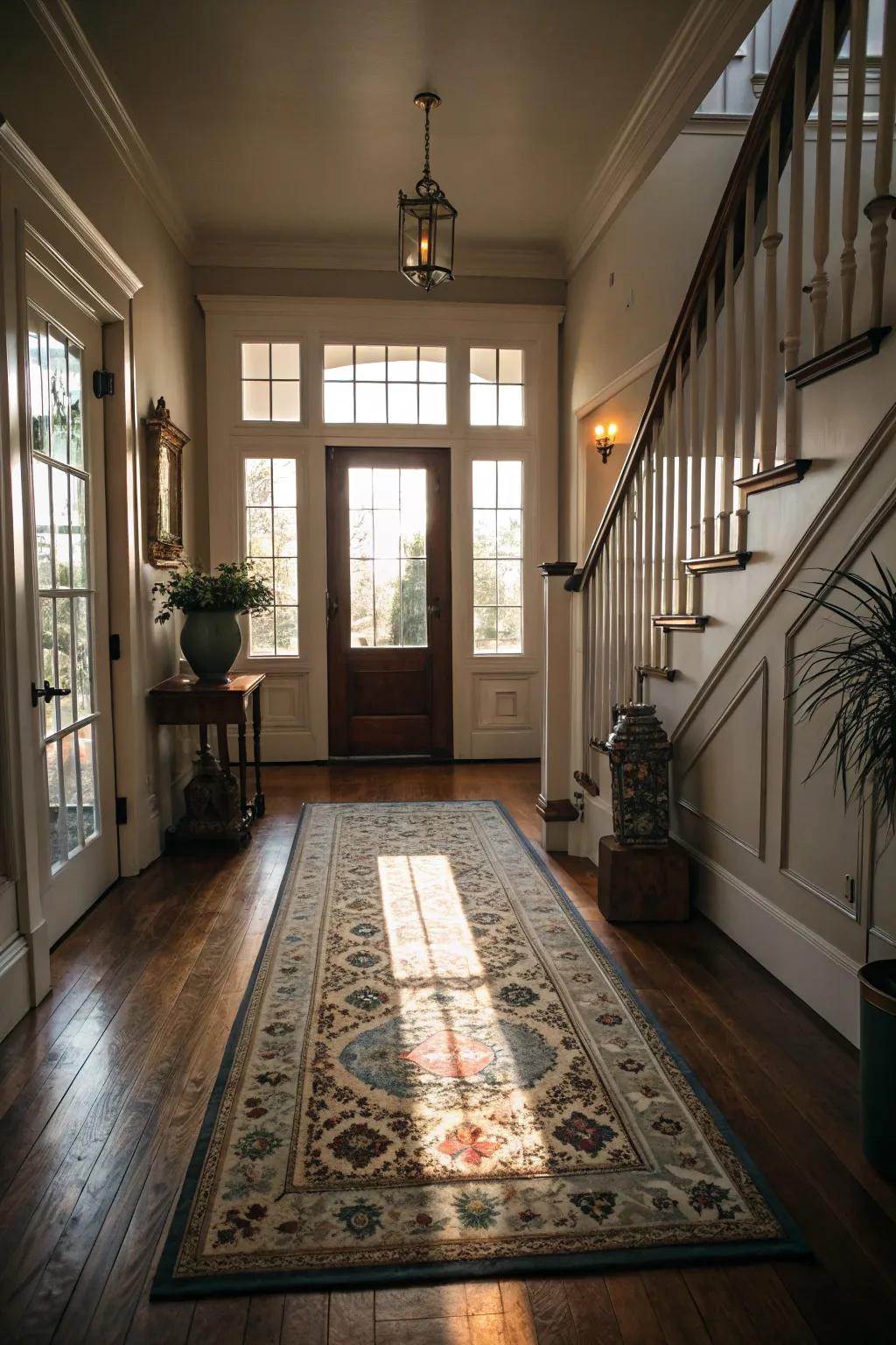 A cozy floor covering adds warmth and texture to the entrance.