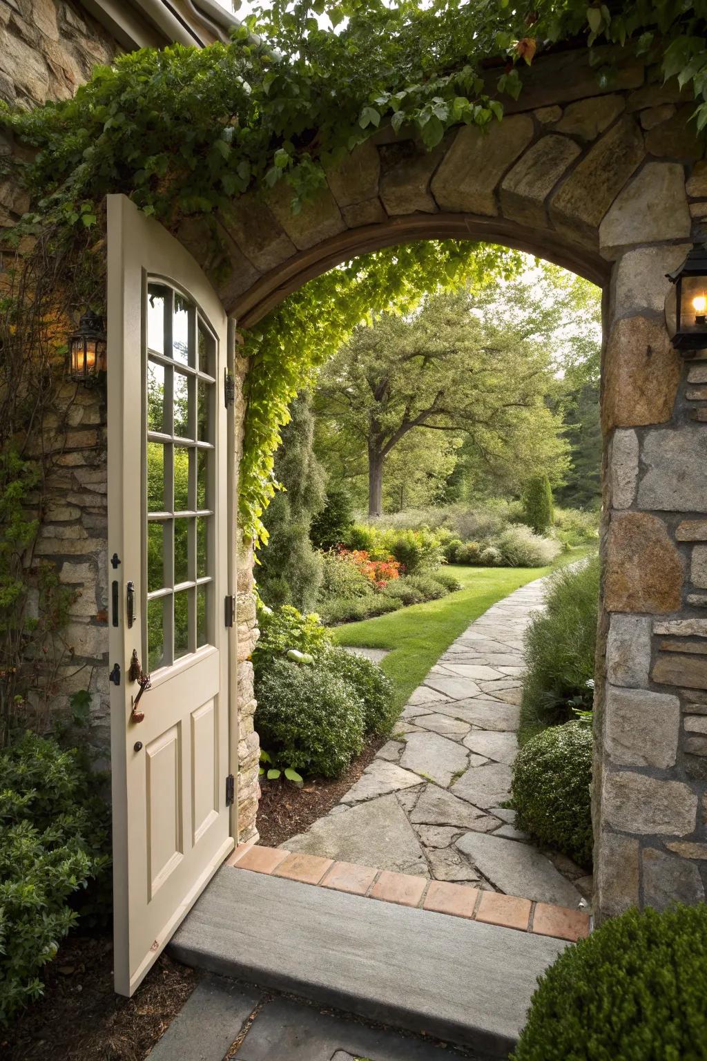An entrance door beautifully framed by natural rock.