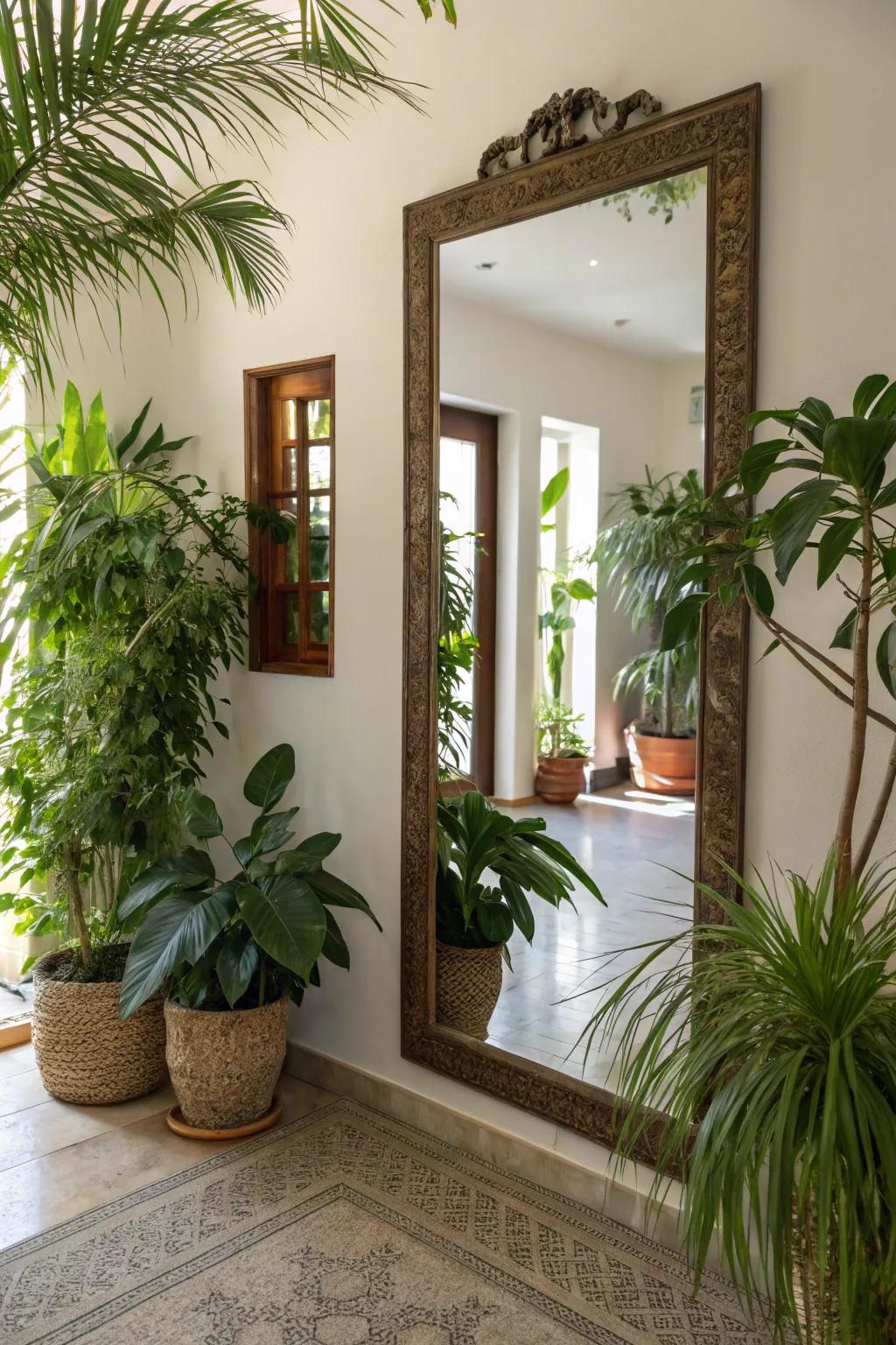 Give your interior spaces a natural feel by matching your entrance mirror with vibrant greenery.
