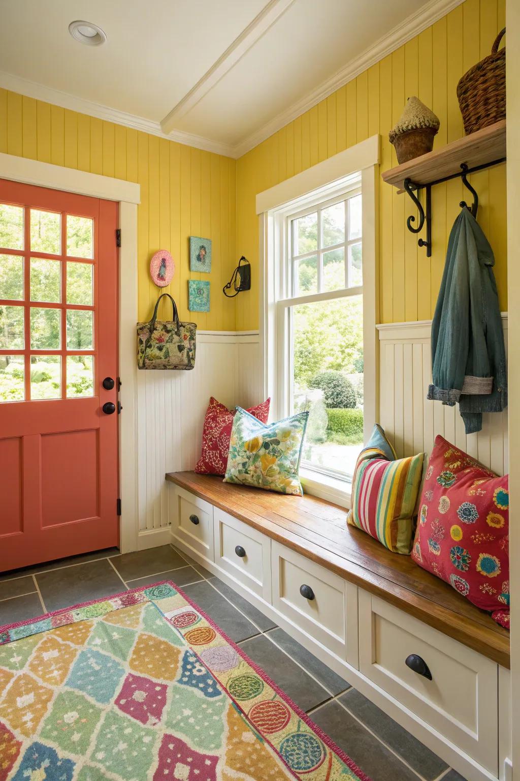 Vibrant colors turn this mudroom into a lively entryway.
