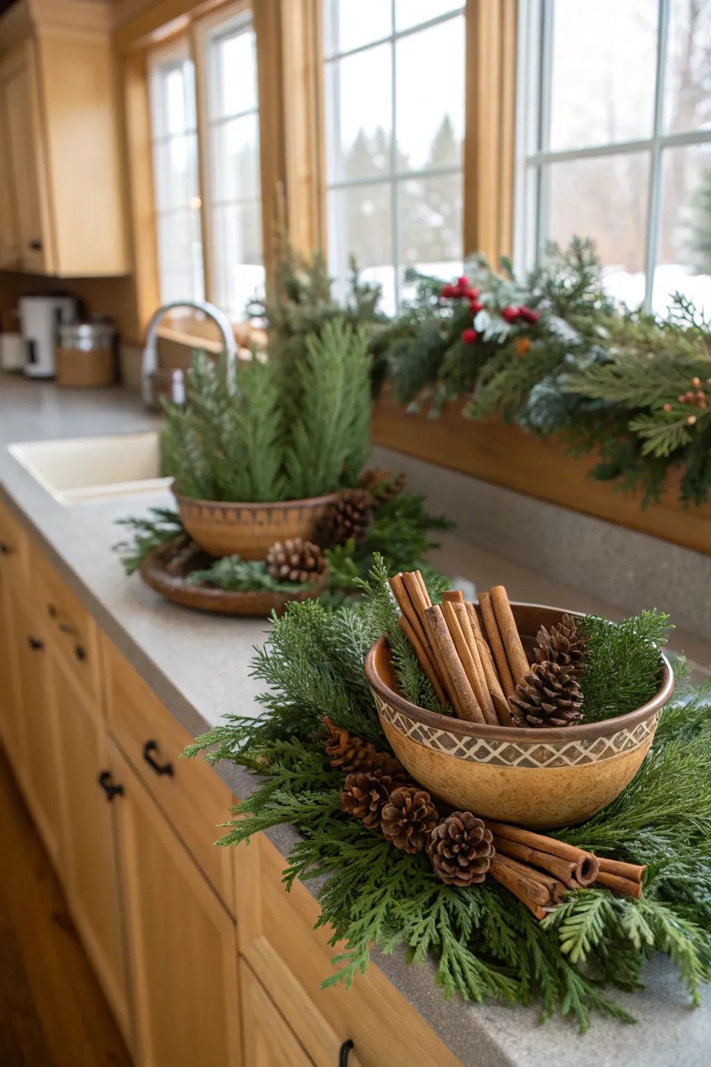 A fragrant cascade with cinnamon wands in a cooking area.
