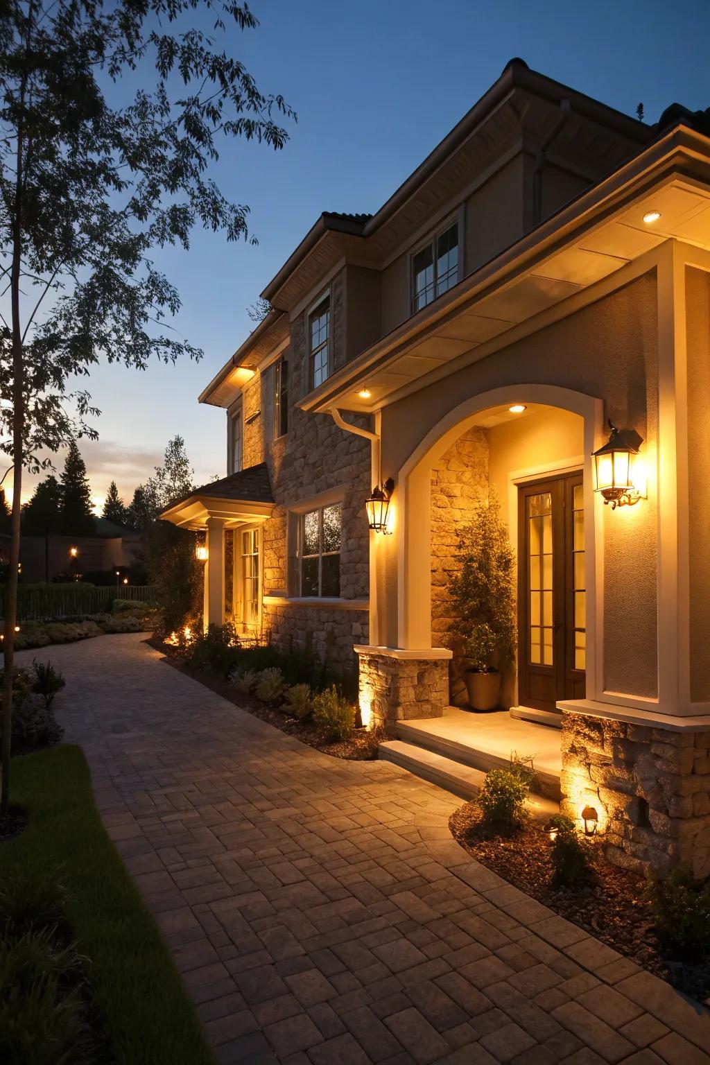 Warm exterior lighting that highlights architectural features.