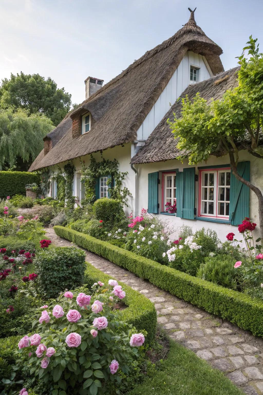 A charming cottage-style home featuring quaint details and a lush garden.