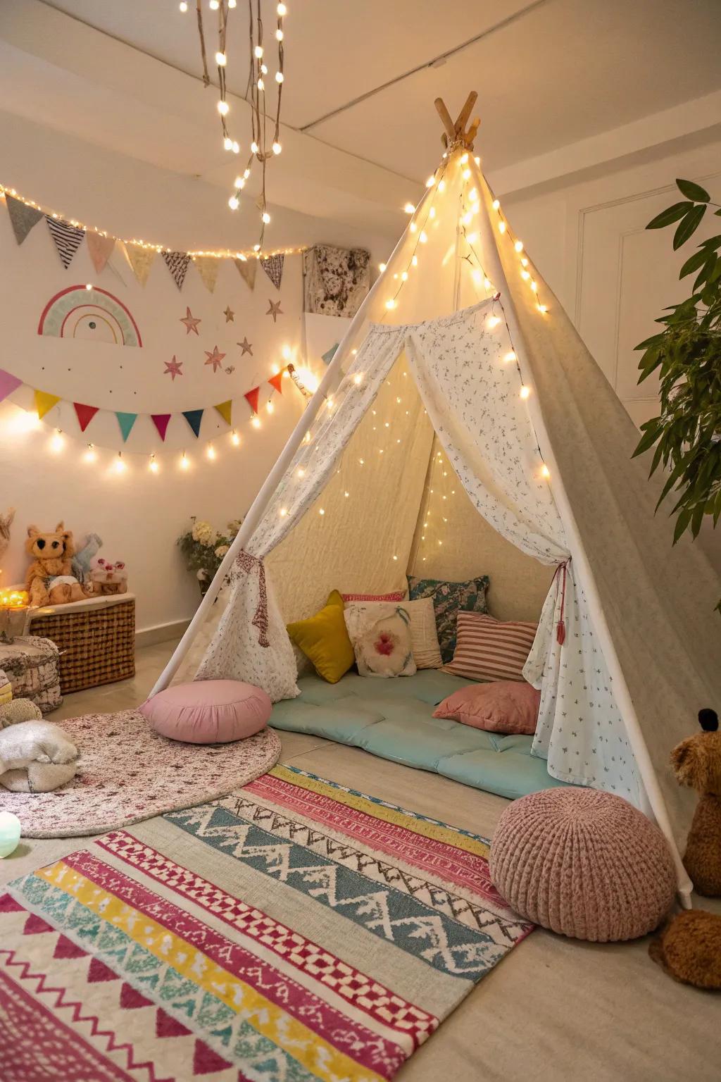 Experience whimsy using a tent-style fabric ceiling.