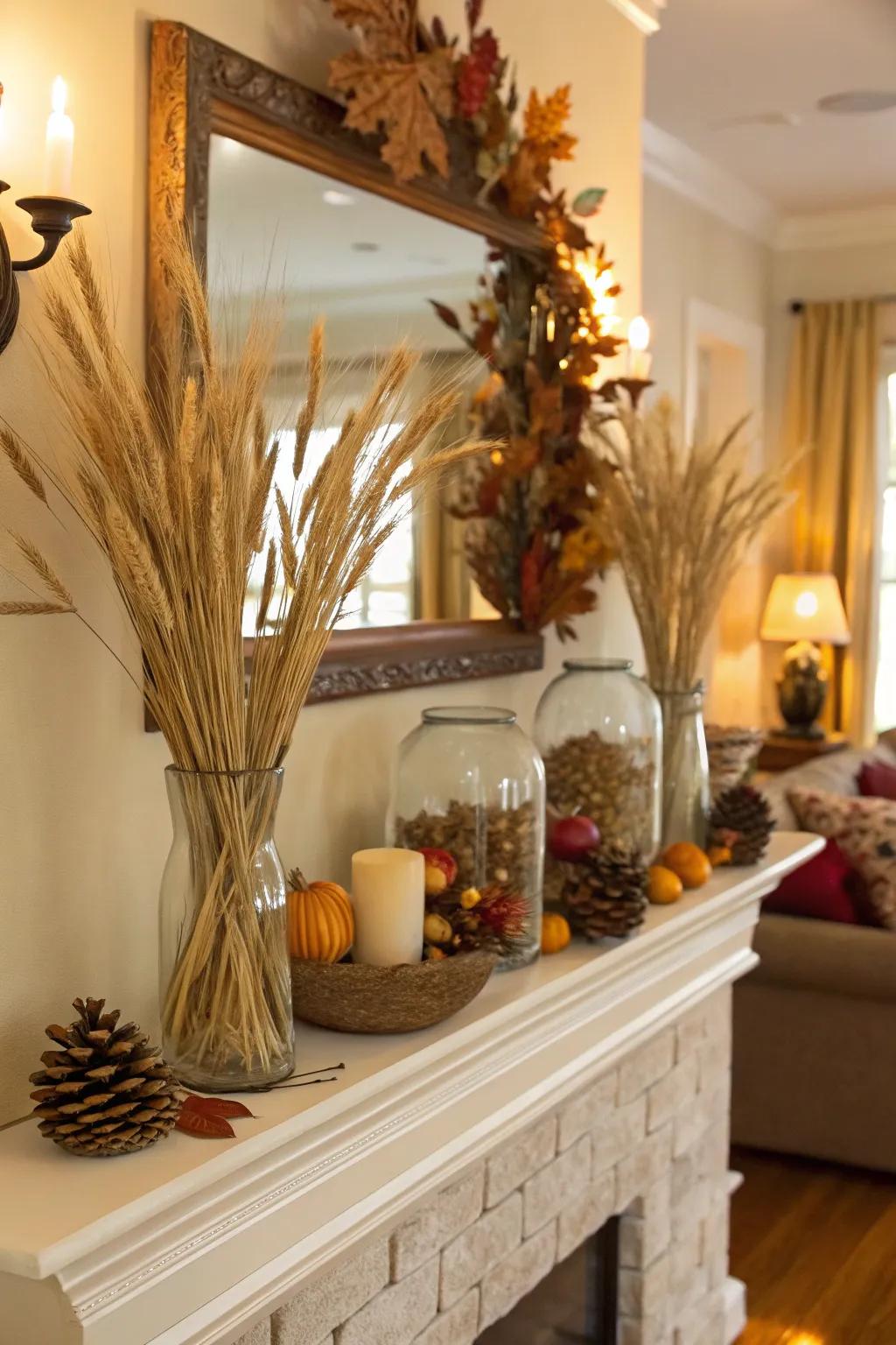 Grain and rushes in vases bestowing a natural element to fall decor.