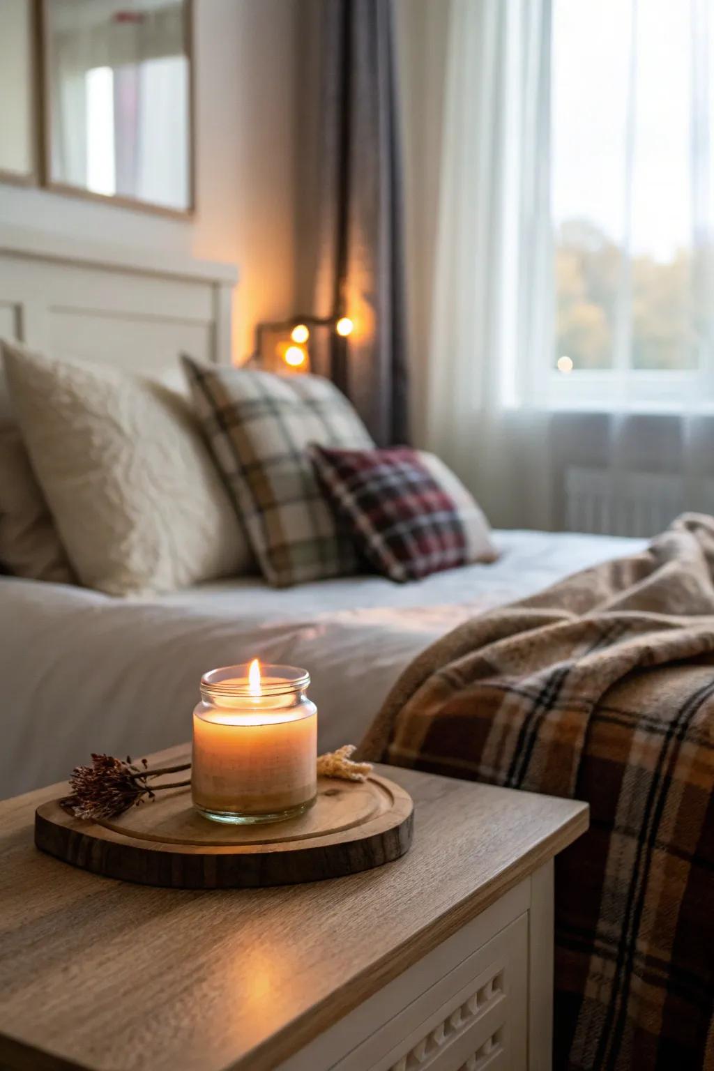 Infused candles contribute an inviting fragrance to your fall bedroom.