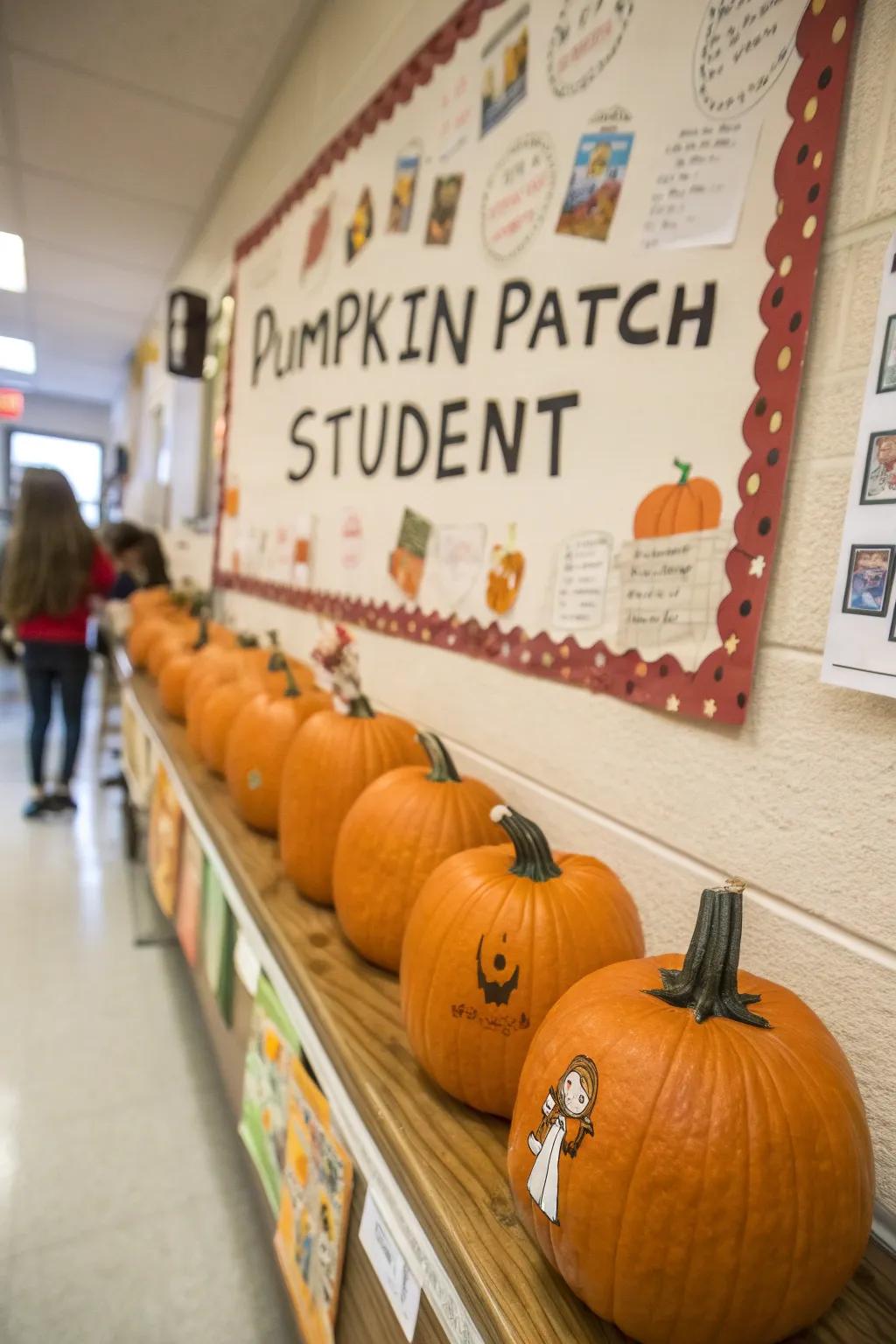 A personalized pumpkin patch bulletin board, perfect for classrooms.