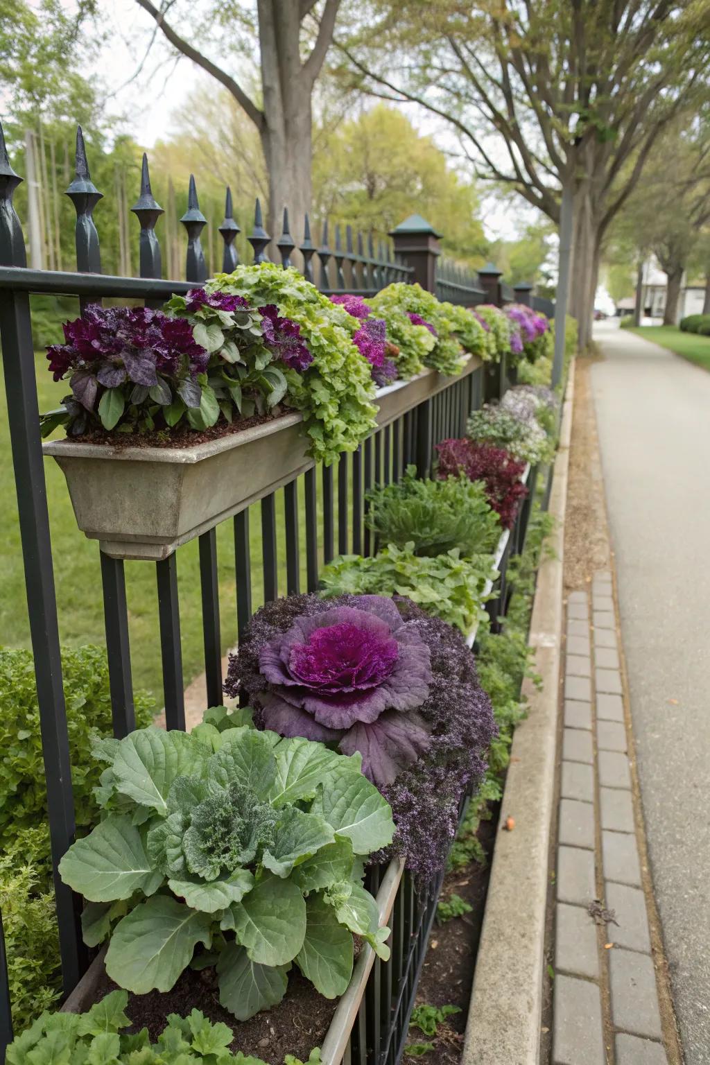 Seasonal flora in containers adds a dash of vegetation to the fence.
