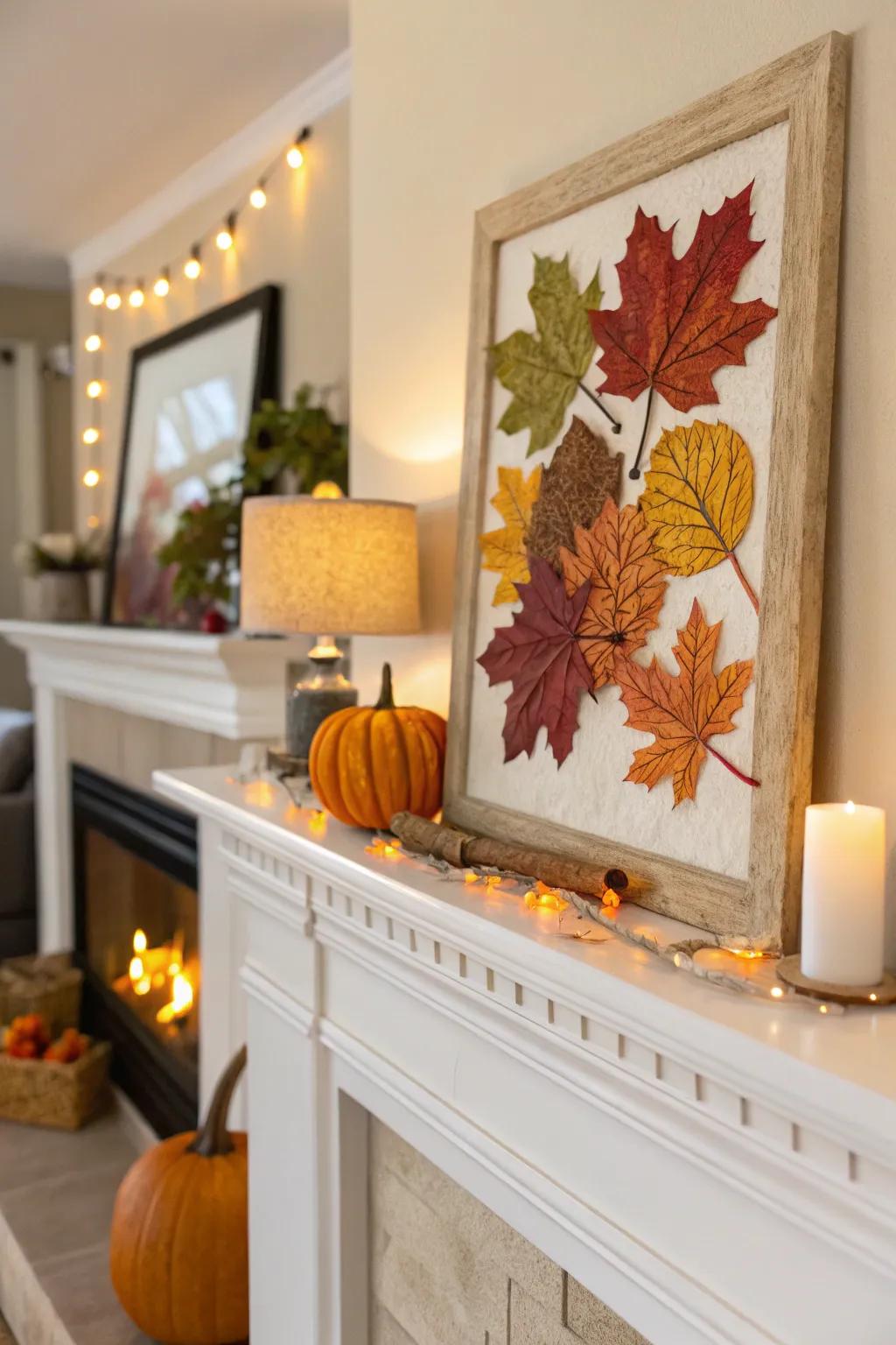 An autumnal mantel showcasing a stunning seasonal artistic creation.