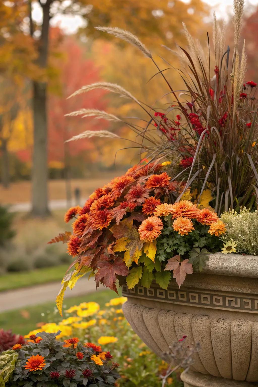 Feel variety brings depth to fall planters.