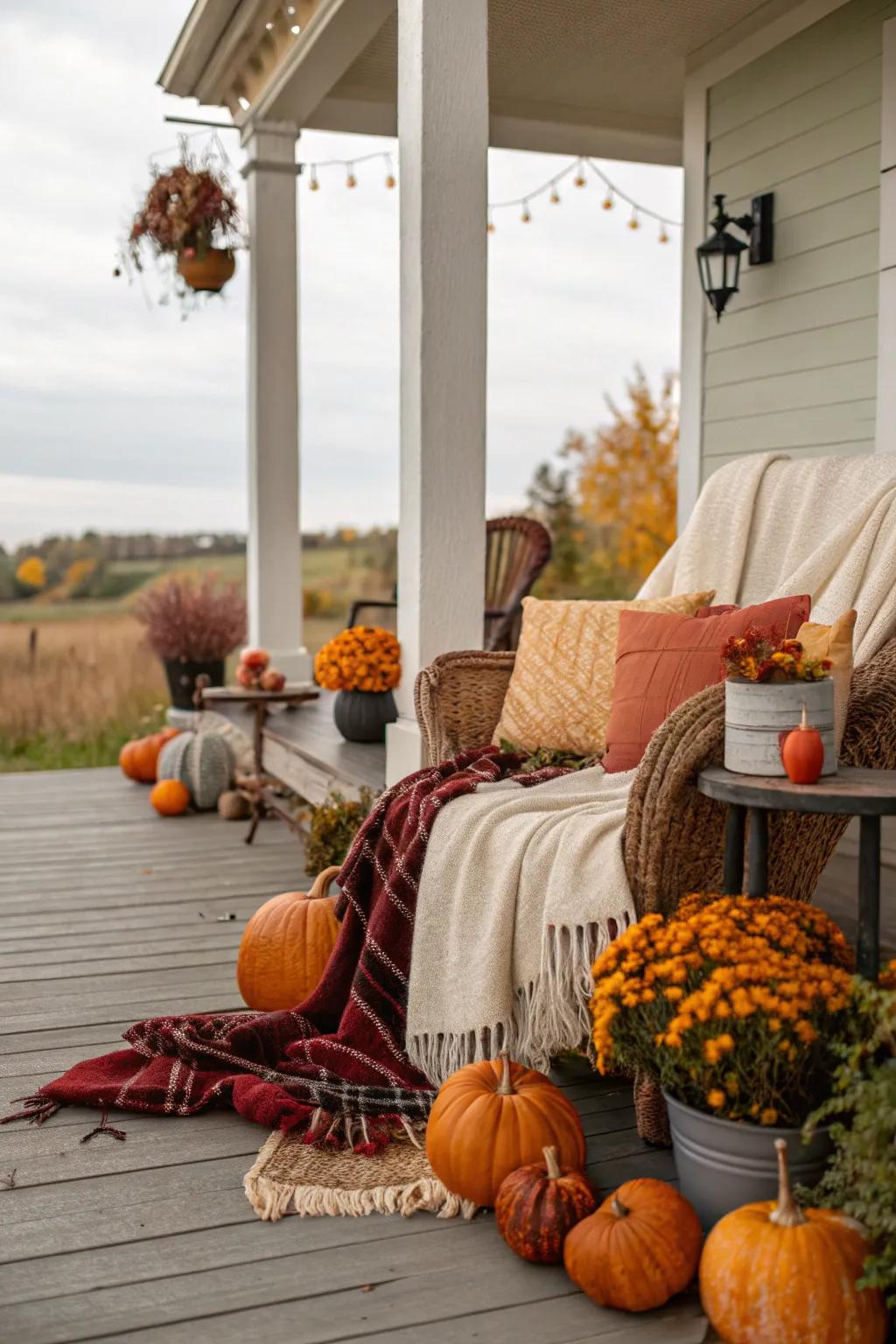 Comfortable cloths infuse warmth and coziness into the porch's ornamentation.