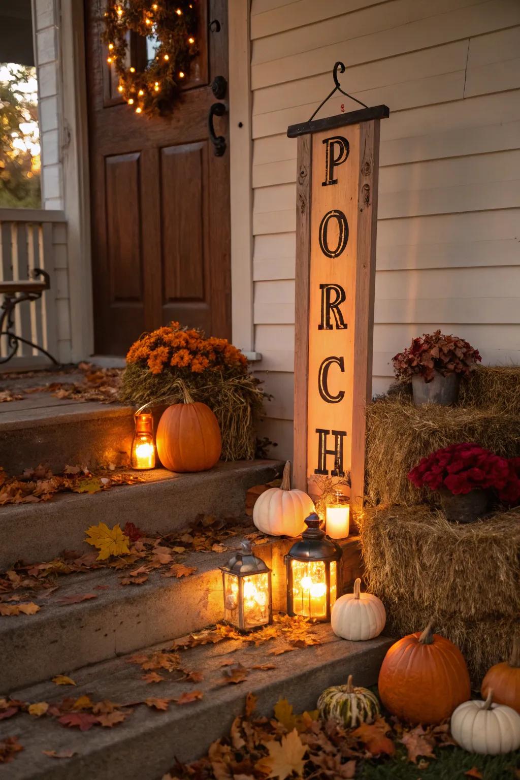 Create a warm evening glow with lights beside your porch marker.
