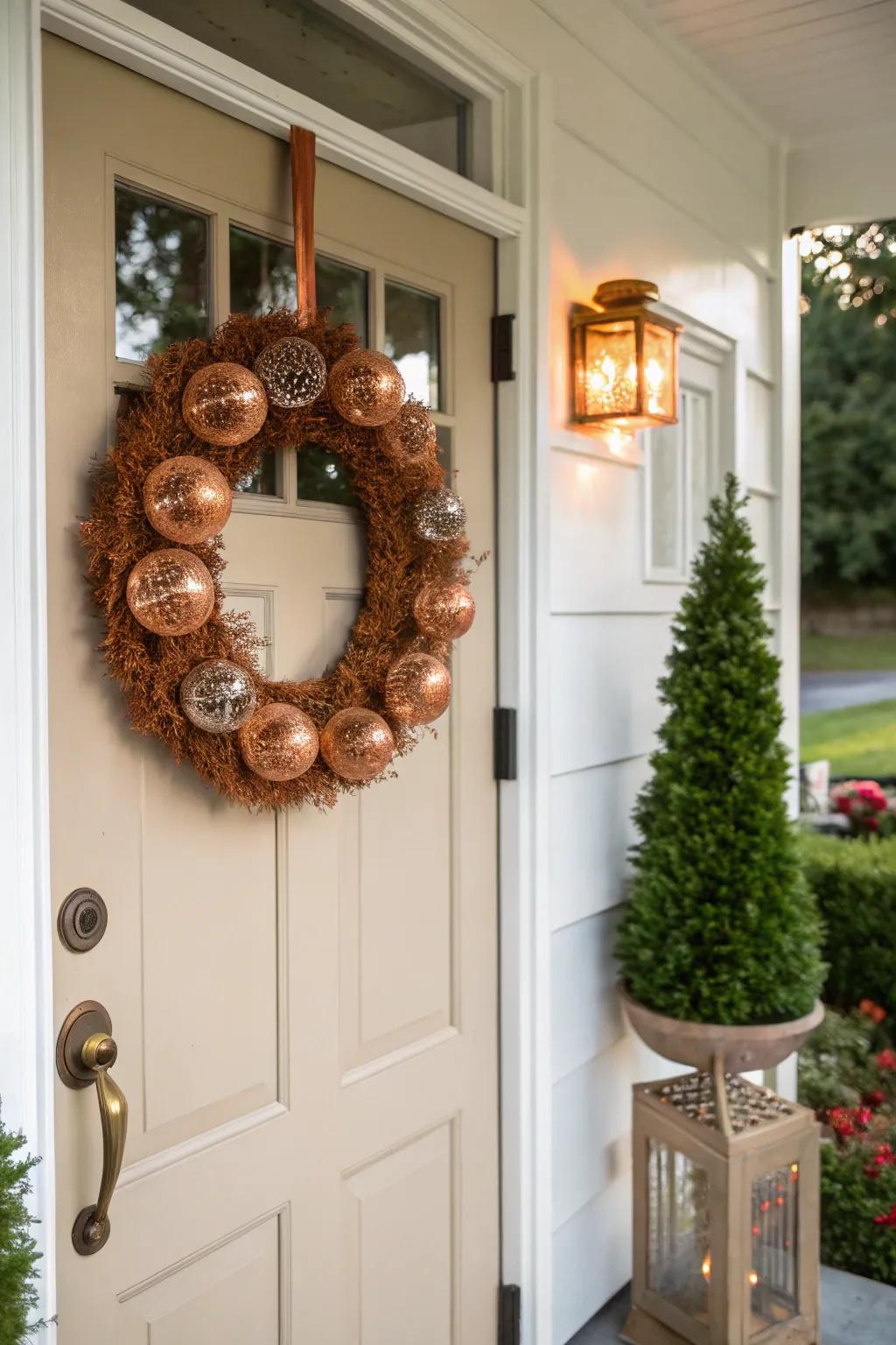 Metal elements contribute a modern sheen to your fall wreath.