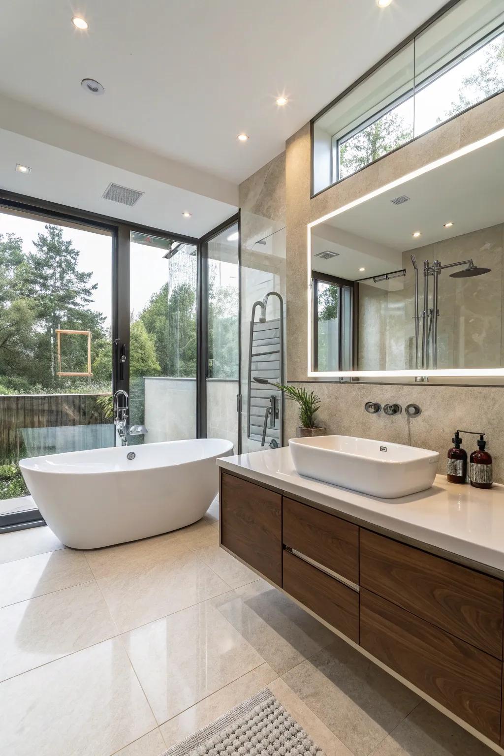 Contemporary sanitary ware add a modern element to the bathroom.