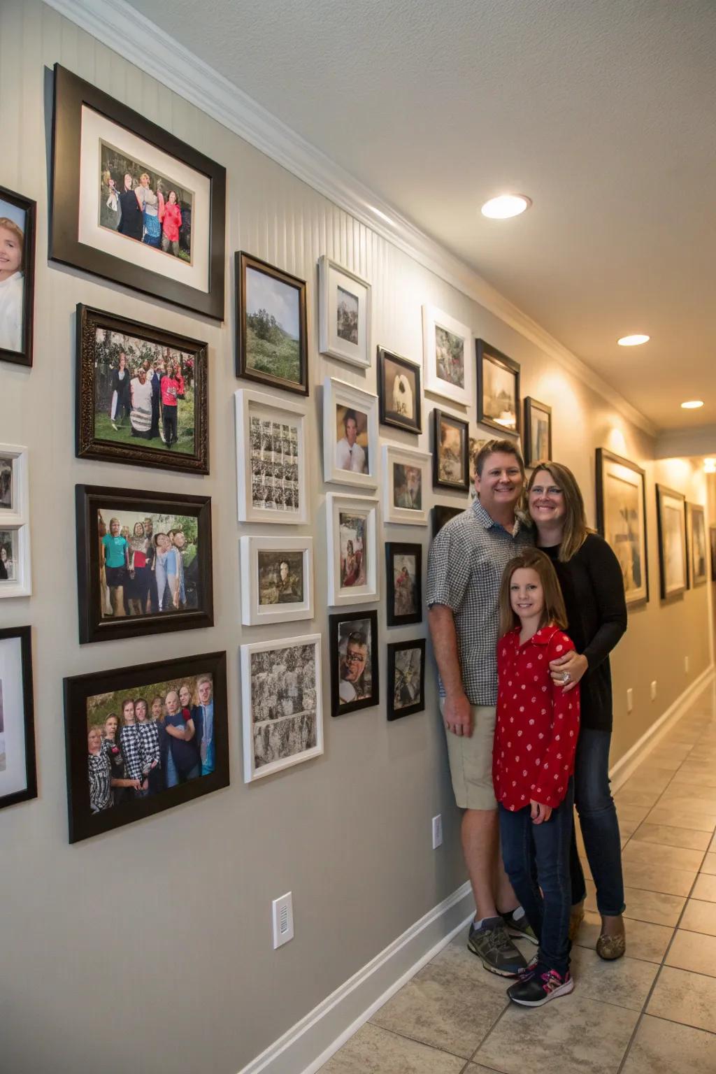 Family photo wall with a central core point.