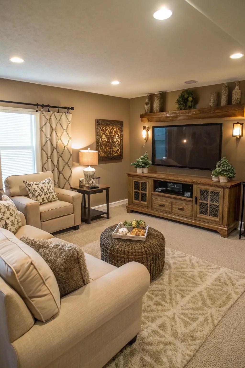 Neutral tones create a peaceful and welcoming atmosphere in the family room.