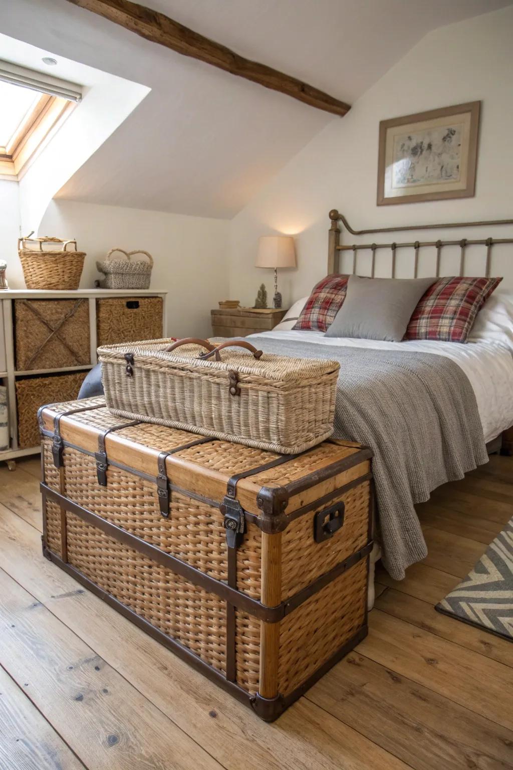 Wicker and trunks add functional charm to the bedroom.