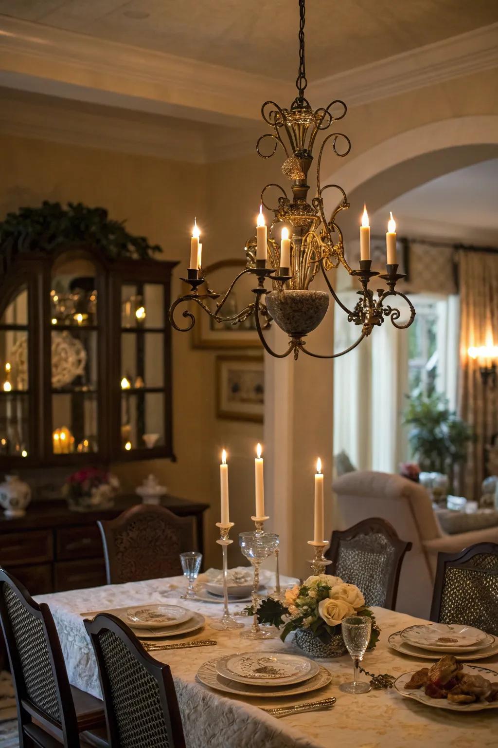 Taper-style chandeliers evoke a warm and intimate ambiance.