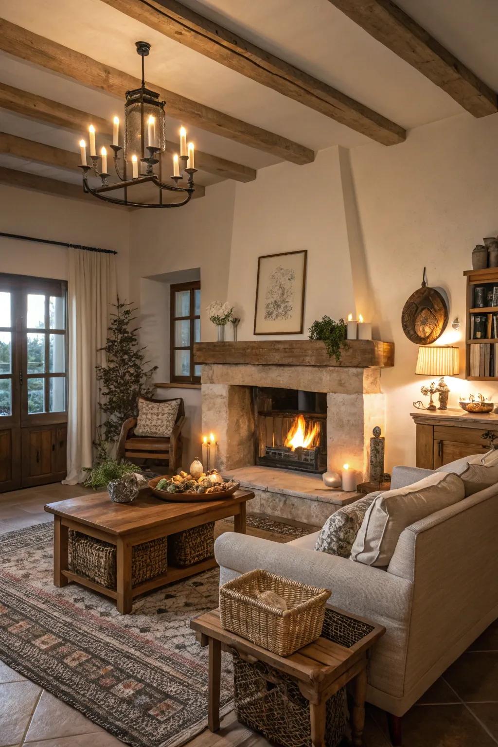 Inviting ambient light enhancing the coziness of a farmhouse fireplace.