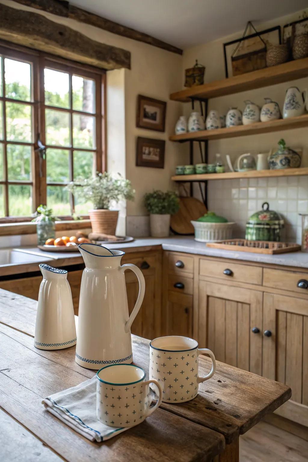 Functional décor pieces add charm and practicality to a farmhouse kitchen.