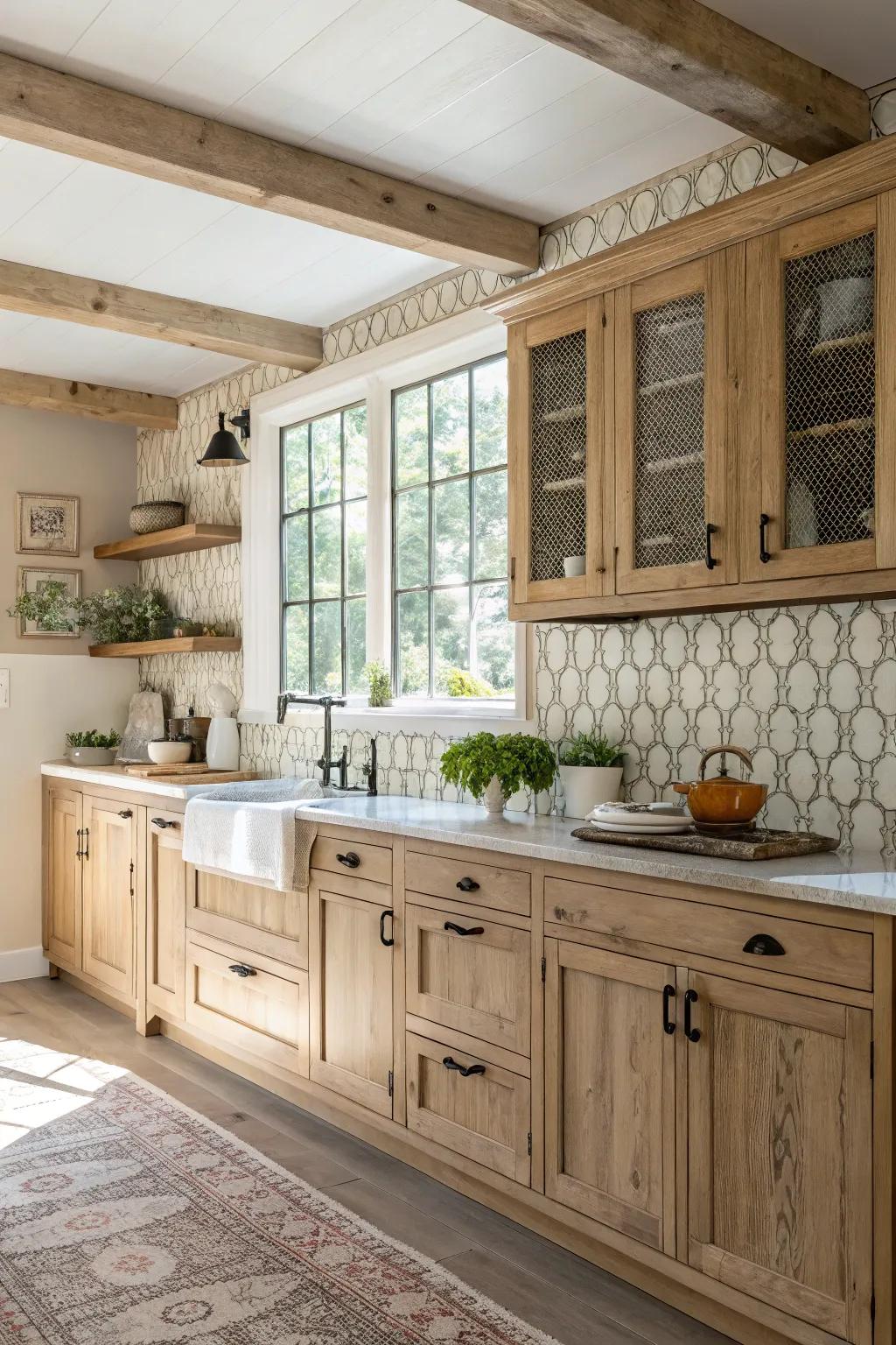 Textured backsplashes enhance the visual interest of a kitchen with light wood cabinets.